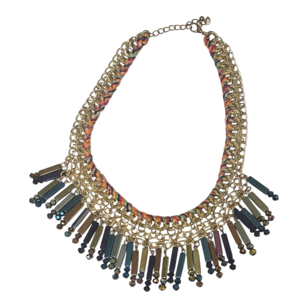 Gold-Chain statement necklace with elongated beads and multicolor threading - Picture 3 of 5